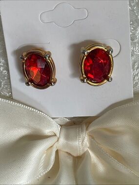 Gold-Tone Red Oval Crystal Stud Earrings - Women Jewelry .5”